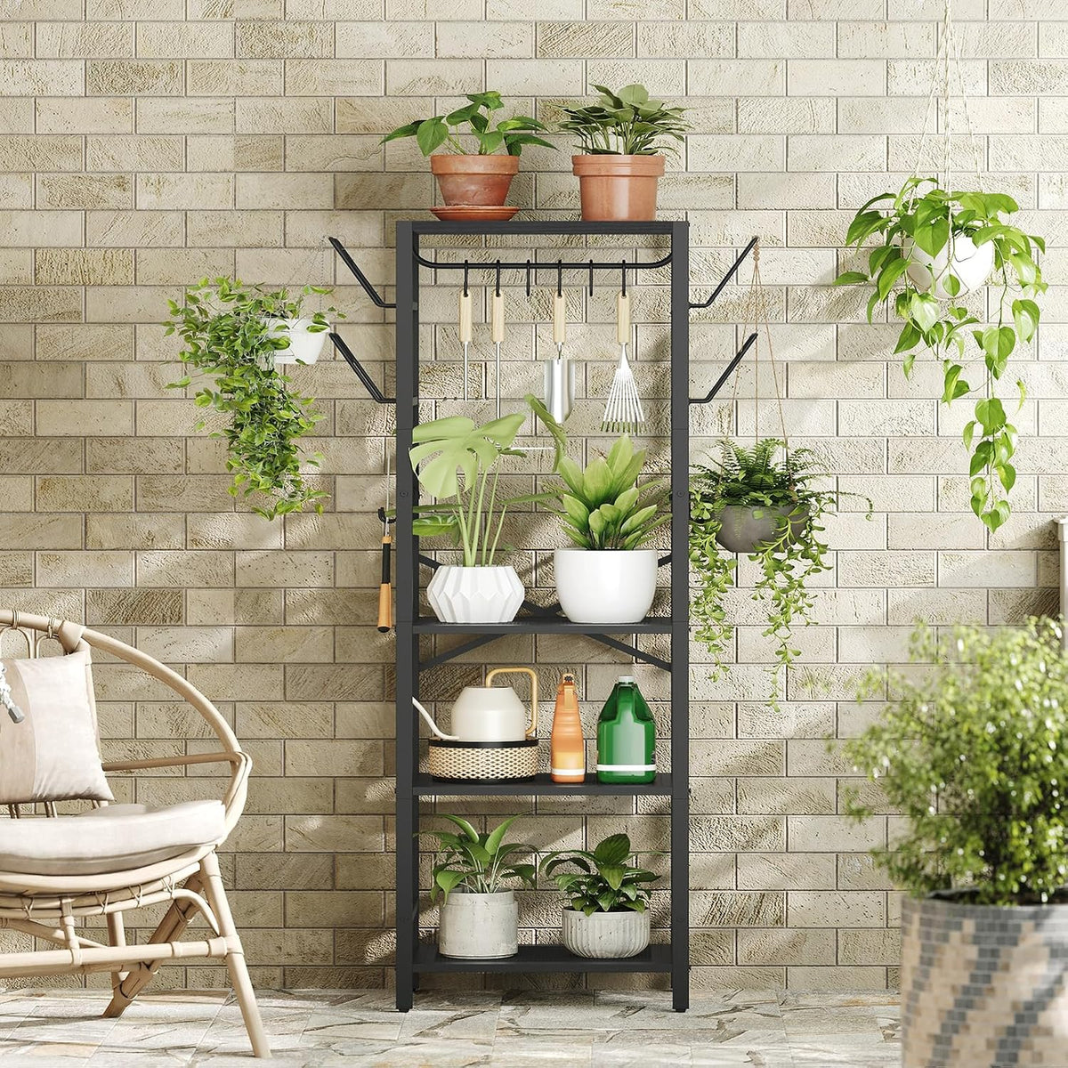 4-Tier Pot Rack, Pots and Pans Organizer for Kitchen Corner, Kitchen Storage Rack with U-Shaped Lid Holders, Freestanding Cookware Stand, Rustic Brown and Black POHR3001