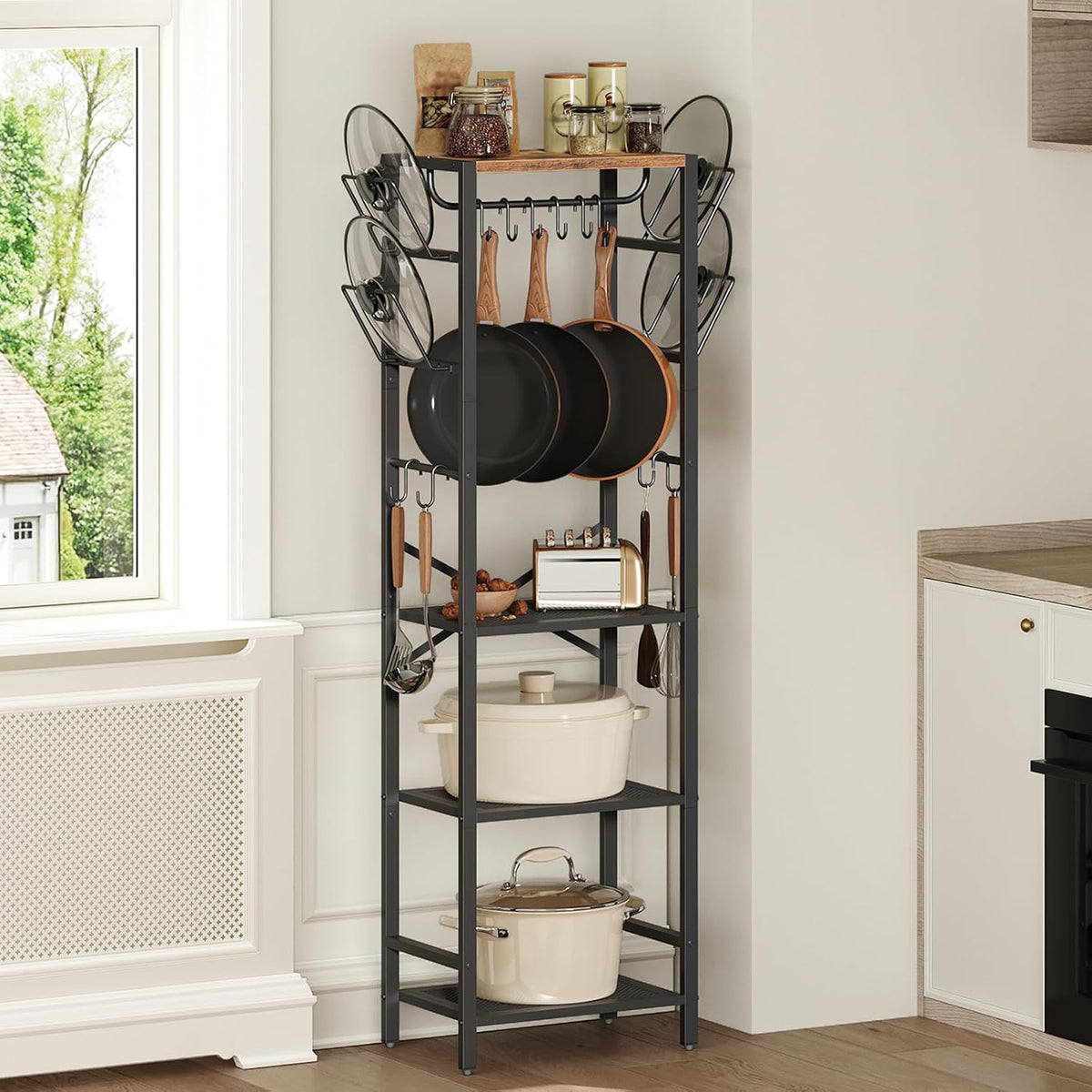 4-Tier Pot Rack, Pots and Pans Organizer for Kitchen Corner, Kitchen Storage Rack with U-Shaped Lid Holders, Freestanding Cookware Stand, Rustic Brown and Black POHR3001