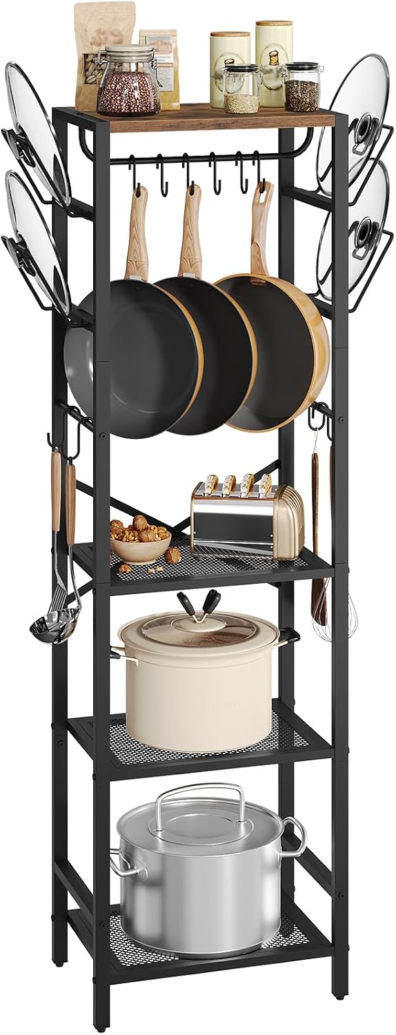 4-Tier Pot Rack, Pots and Pans Organizer for Kitchen Corner, Kitchen Storage Rack with U-Shaped Lid Holders, Freestanding Cookware Stand, Rustic Brown and Black POHR3001