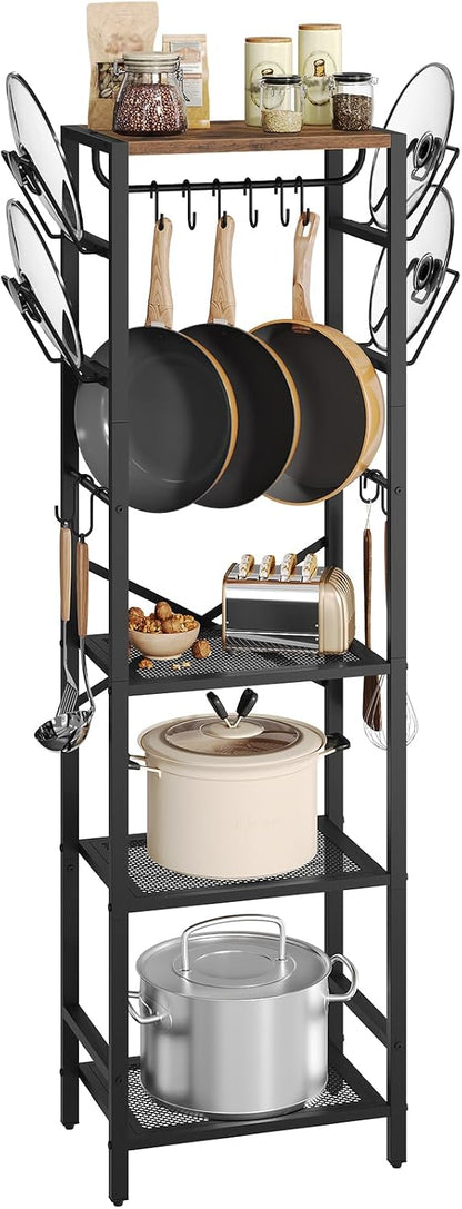 4-Tier Pot Rack, Pots and Pans Organizer for Kitchen Corner, Kitchen Storage Rack with U-Shaped Lid Holders, Freestanding Cookware Stand, Rustic Brown and Black POHR3001