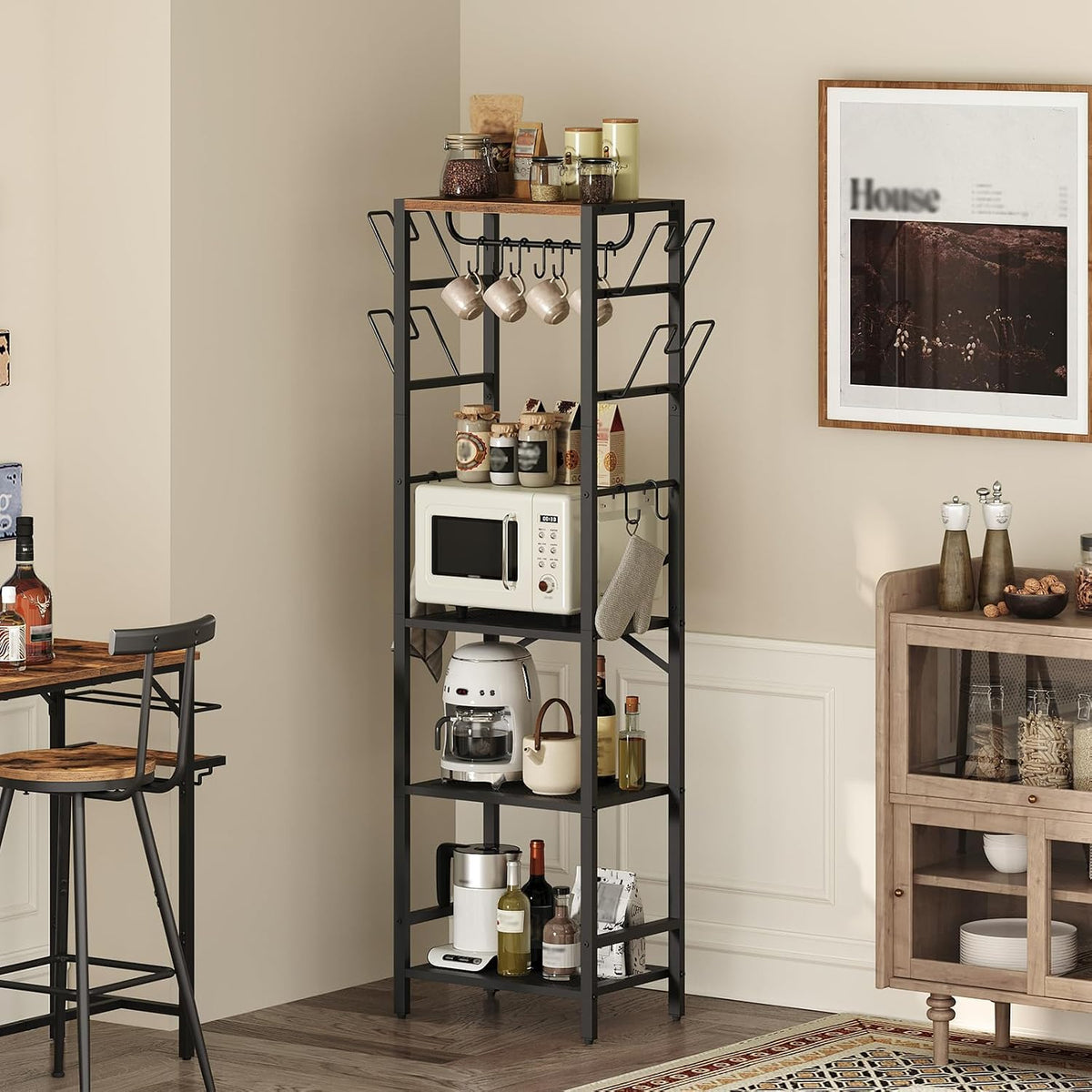4-Tier Pot Rack, Pots and Pans Organizer for Kitchen Corner, Kitchen Storage Rack with U-Shaped Lid Holders, Freestanding Cookware Stand, Rustic Brown and Black POHR3001