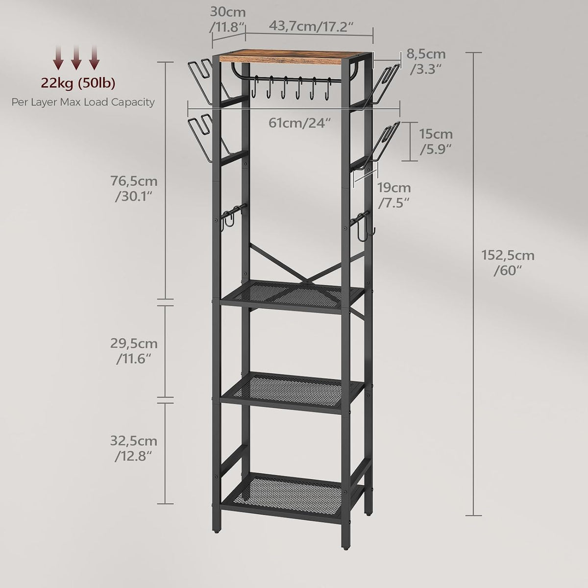 4-Tier Pot Rack, Pots and Pans Organizer for Kitchen Corner, Kitchen Storage Rack with U-Shaped Lid Holders, Freestanding Cookware Stand, Rustic Brown and Black POHR3001