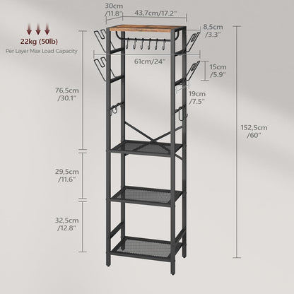 4-Tier Pot Rack, Pots and Pans Organizer for Kitchen Corner, Kitchen Storage Rack with U-Shaped Lid Holders, Freestanding Cookware Stand, Rustic Brown and Black POHR3001