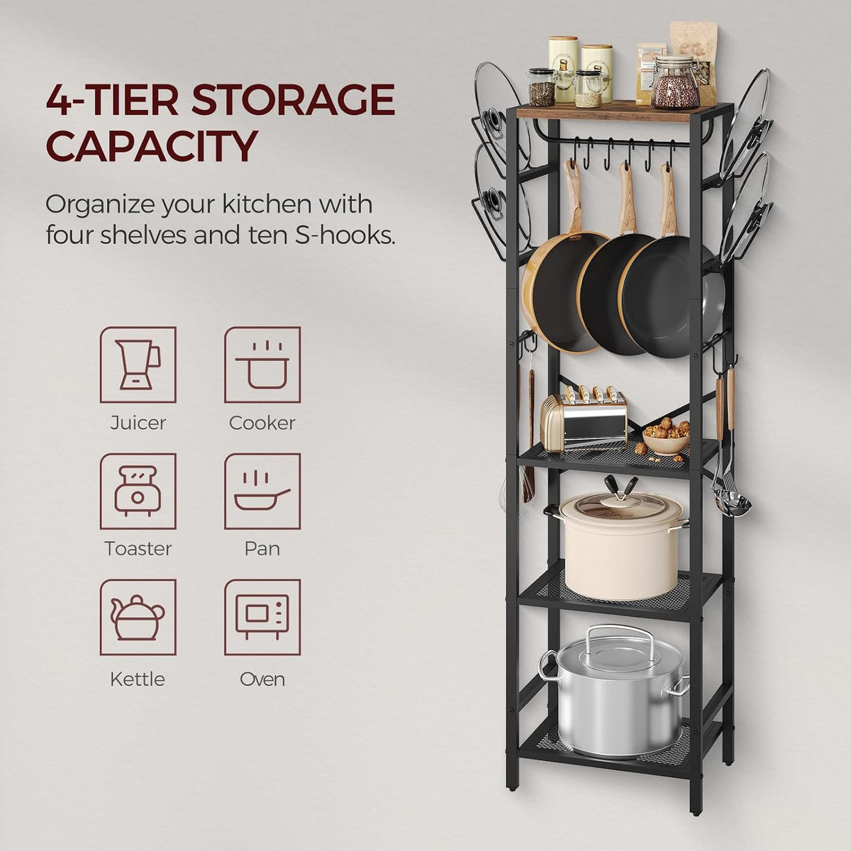 4-Tier Pot Rack, Pots and Pans Organizer for Kitchen Corner, Kitchen Storage Rack with U-Shaped Lid Holders, Freestanding Cookware Stand, Rustic Brown and Black POHR3001