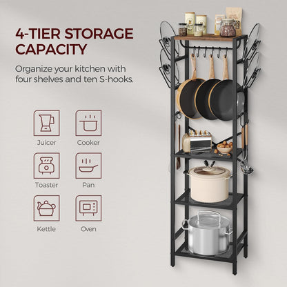 4-Tier Pot Rack, Pots and Pans Organizer for Kitchen Corner, Kitchen Storage Rack with U-Shaped Lid Holders, Freestanding Cookware Stand, Rustic Brown and Black POHR3001