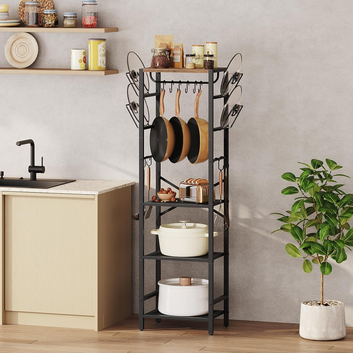 4-Tier Pot Rack, Pots and Pans Organizer for Kitchen Corner, Kitchen Storage Rack with U-Shaped Lid Holders, Freestanding Cookware Stand, Rustic Brown and Black POHR3001