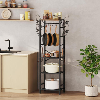4-Tier Pot Rack, Pots and Pans Organizer for Kitchen Corner, Kitchen Storage Rack with U-Shaped Lid Holders, Freestanding Cookware Stand, Rustic Brown and Black POHR3001
