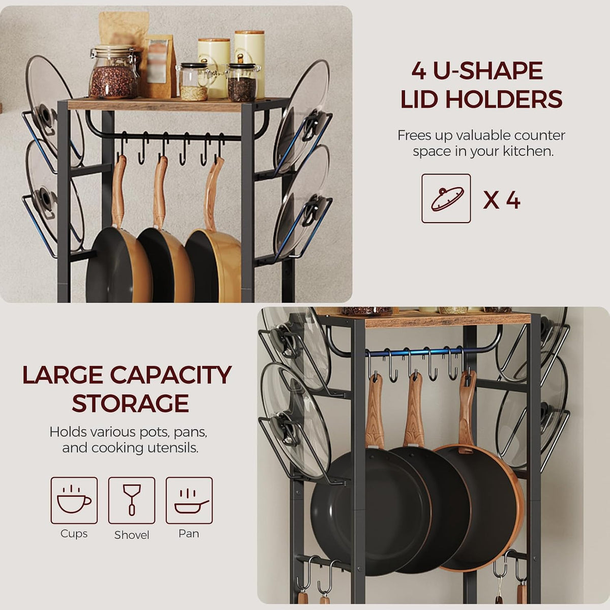 4-Tier Pot Rack, Pots and Pans Organizer for Kitchen Corner, Kitchen Storage Rack with U-Shaped Lid Holders, Freestanding Cookware Stand, Rustic Brown and Black POHR3001