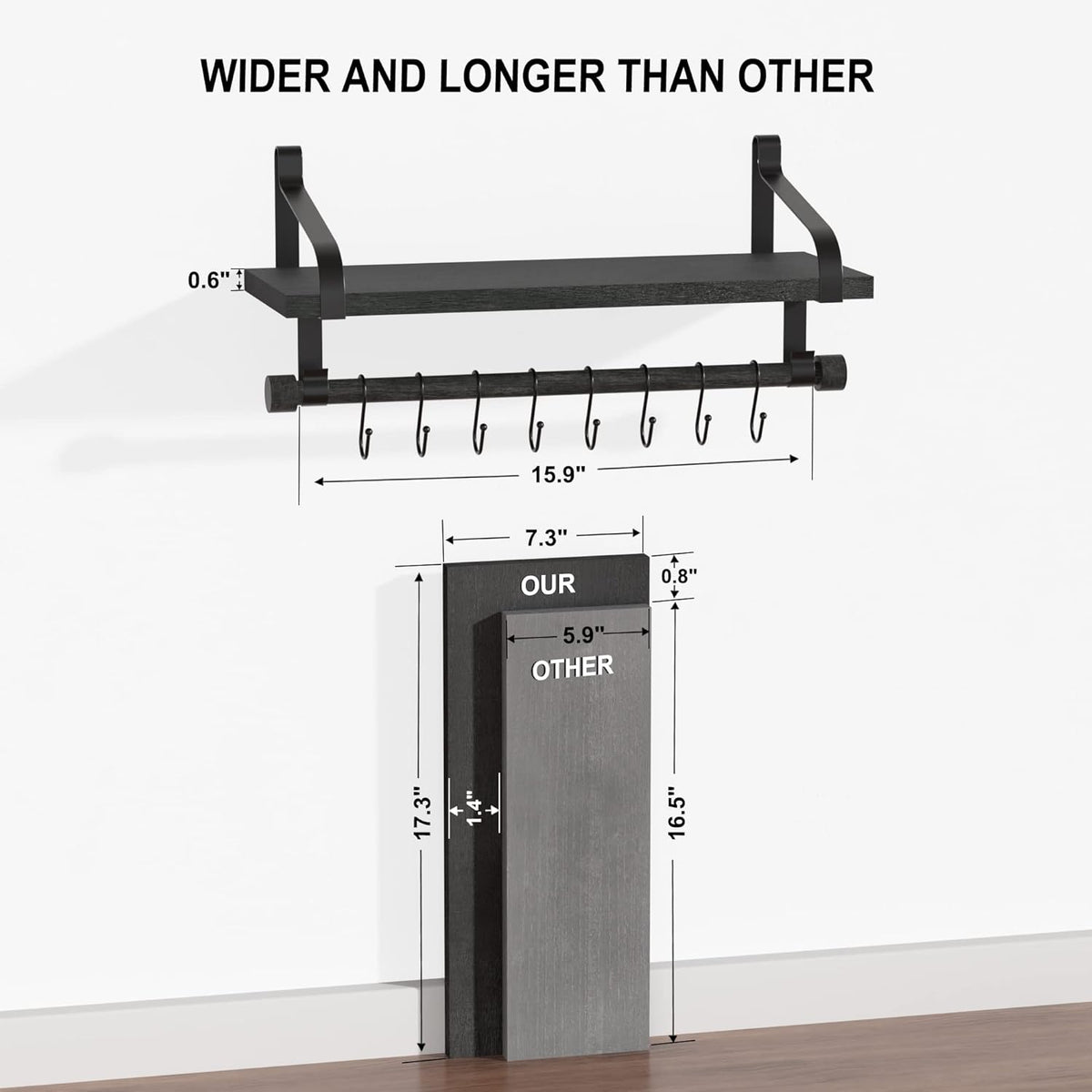 17.3"Floating Wall Shelves Set of 2,Solid Wood,Coffee Bar,Black