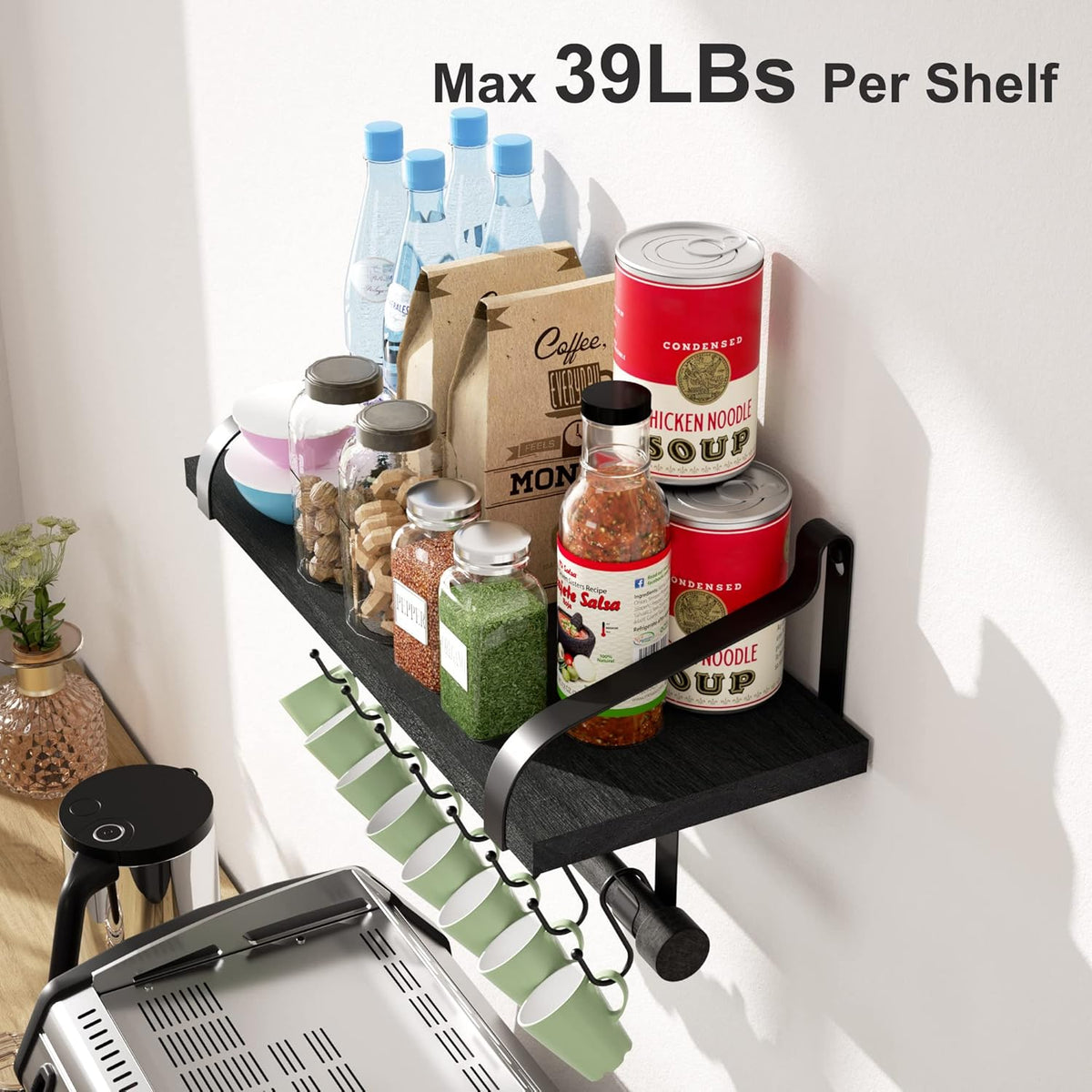 17.3"Floating Wall Shelves Set of 2,Solid Wood,Coffee Bar,Black