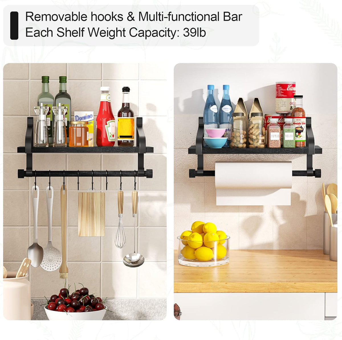 17.3"Floating Wall Shelves Set of 2,Solid Wood,Coffee Bar,Black