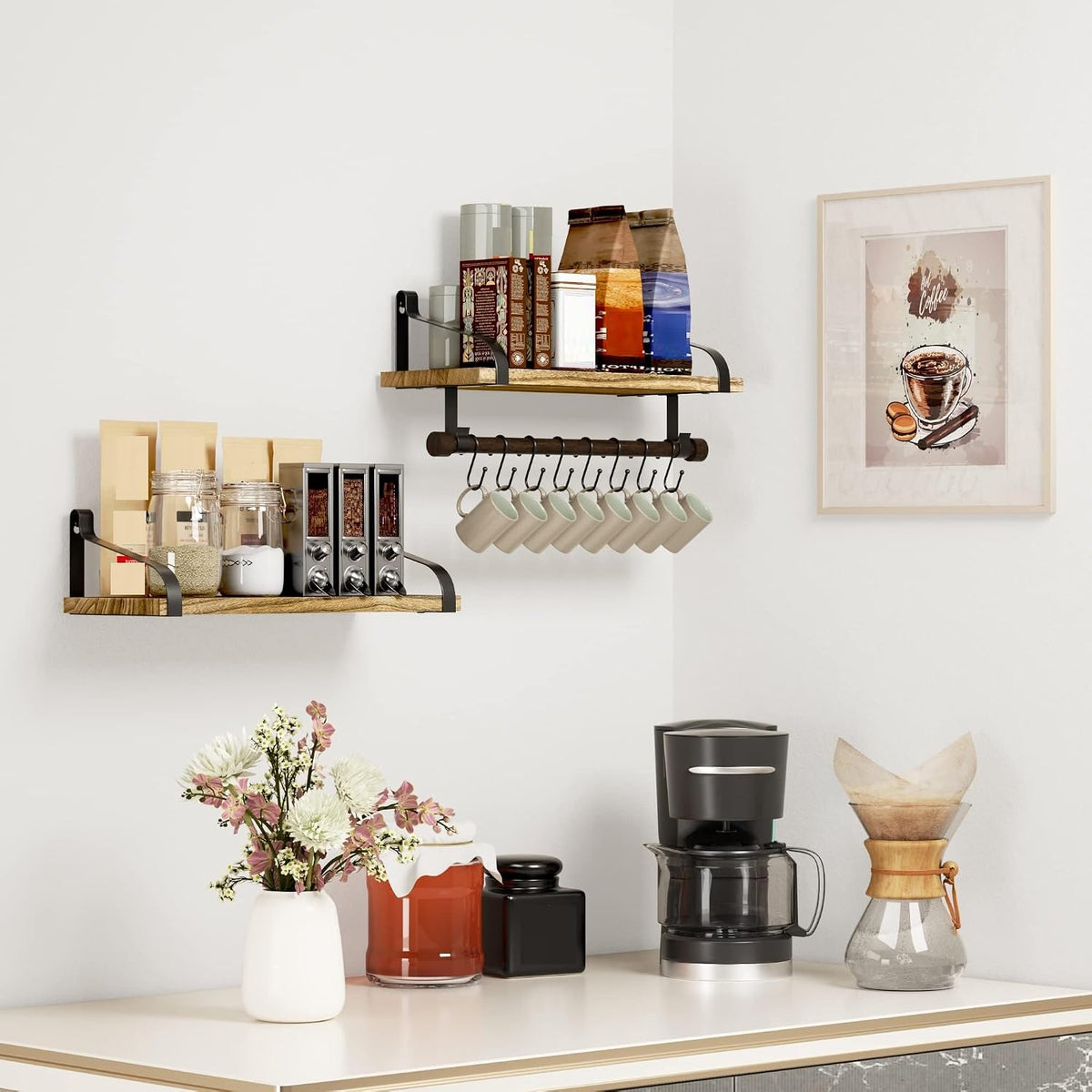 17.3"Floating Wall Shelves Set of 2,Solid Wood,Coffee Bar,Black