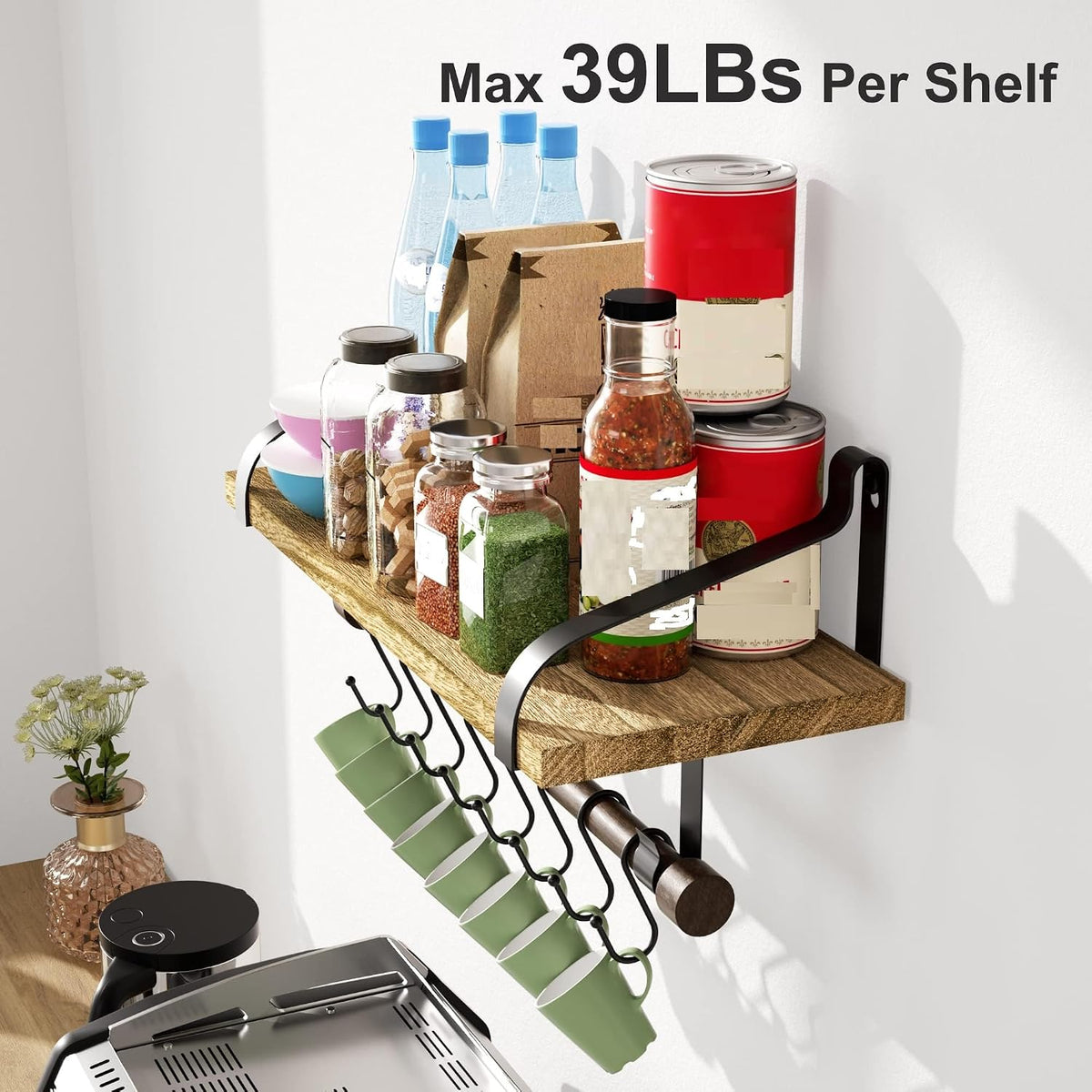 17.3"Floating Wall Shelves Set of 2,Solid Wood,Coffee Bar,Black