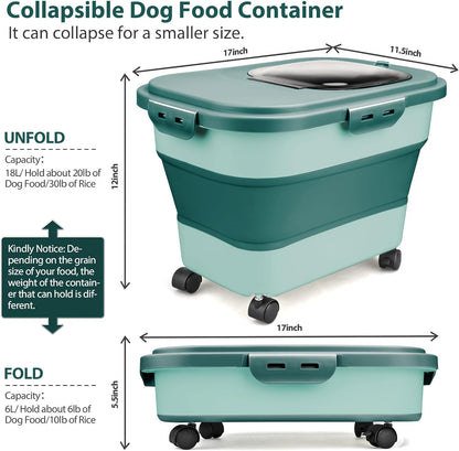 Dog Food Storage Container, 10-20Lbs Collapsible Pet Food Storage Containers with Rolling Wheel Airtight Locking Lid, Dry Food Storage Bin with Cup and Scoop,Suitable for Pet Food, Flour, Rice