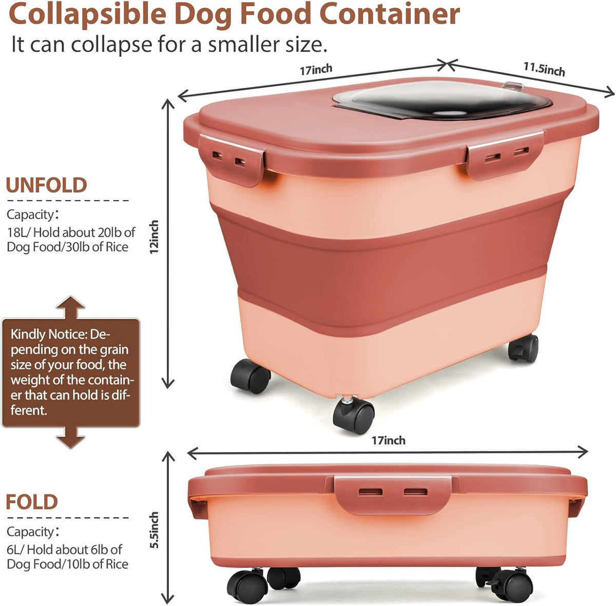Dog Food Storage Container, 10-20Lbs Collapsible Pet Food Storage Containers with Rolling Wheel Airtight Locking Lid, Dry Food Storage Bin with Cup and Scoop,Suitable for Pet Food, Flour, Rice