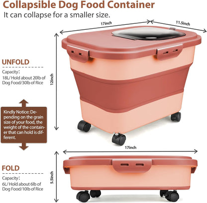 Dog Food Storage Container, 10-20Lbs Collapsible Pet Food Storage Containers with Rolling Wheel Airtight Locking Lid, Dry Food Storage Bin with Cup and Scoop,Suitable for Pet Food, Flour, Rice