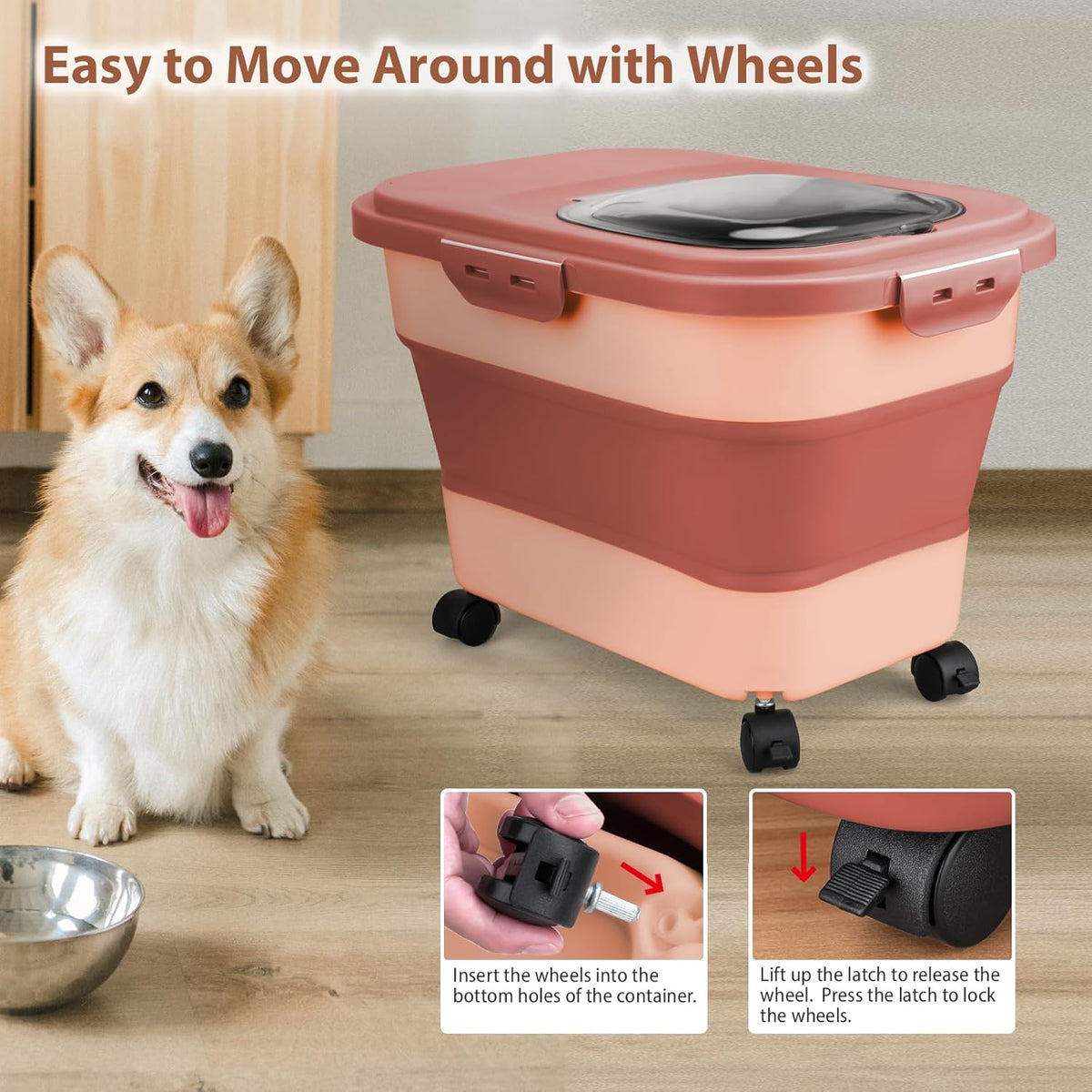 Dog Food Storage Container, 10-20Lbs Collapsible Pet Food Storage Containers with Rolling Wheel Airtight Locking Lid, Dry Food Storage Bin with Cup and Scoop,Suitable for Pet Food, Flour, Rice