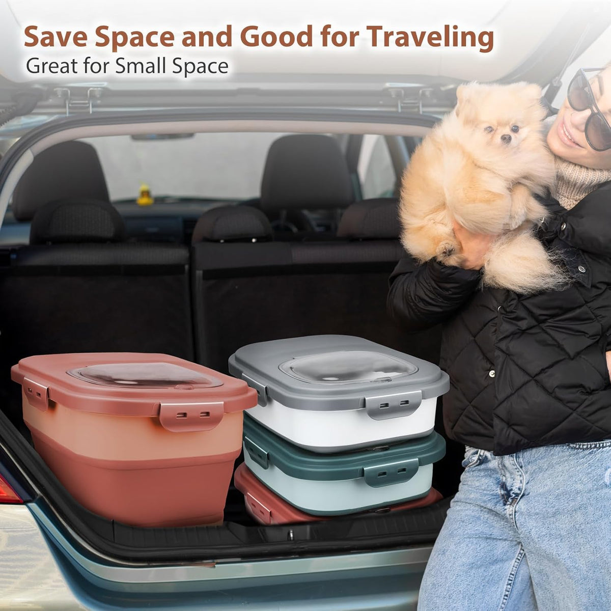 Dog Food Storage Container, 10-20Lbs Collapsible Pet Food Storage Containers with Rolling Wheel Airtight Locking Lid, Dry Food Storage Bin with Cup and Scoop,Suitable for Pet Food, Flour, Rice
