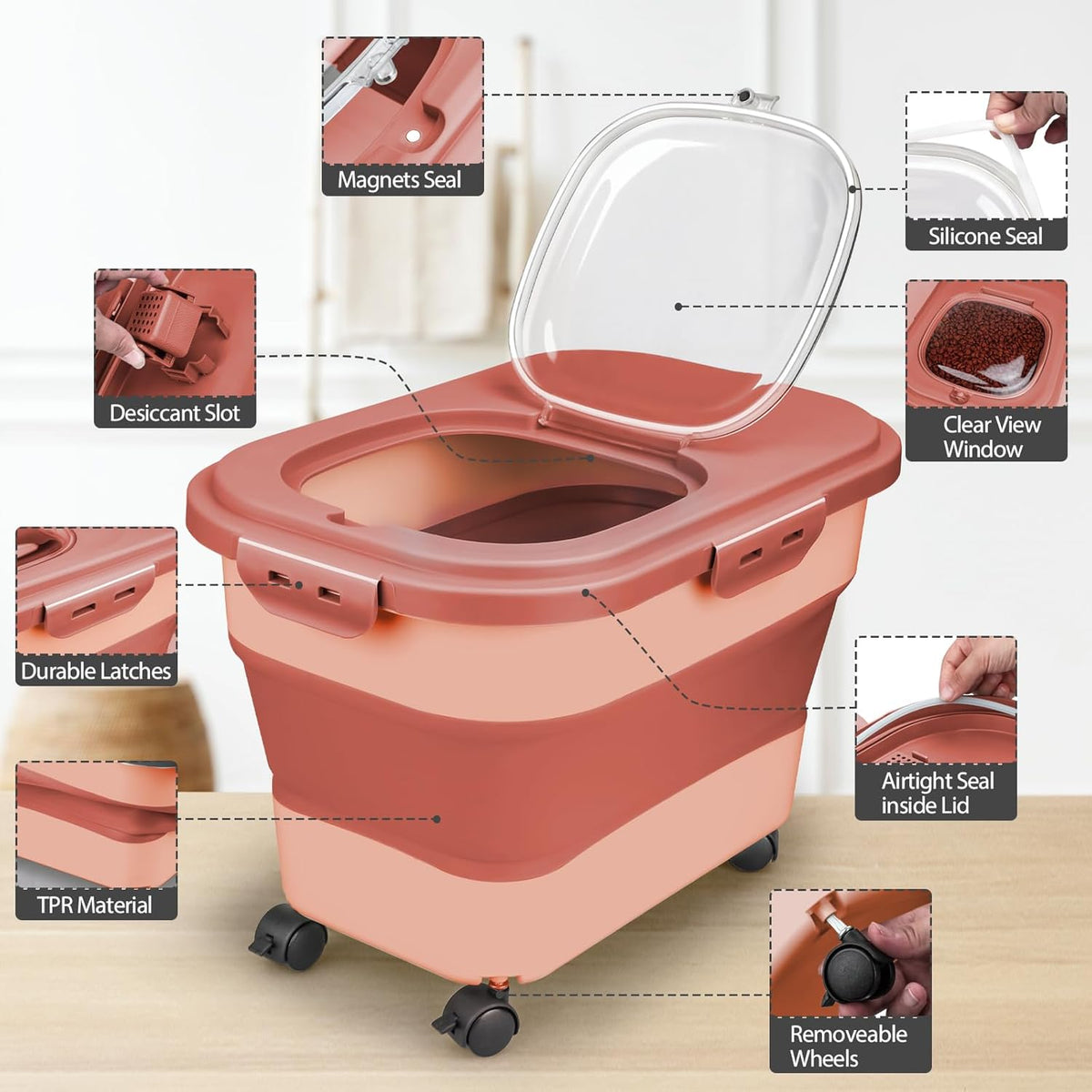 Dog Food Storage Container, 10-20Lbs Collapsible Pet Food Storage Containers with Rolling Wheel Airtight Locking Lid, Dry Food Storage Bin with Cup and Scoop,Suitable for Pet Food, Flour, Rice