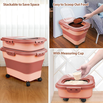 Dog Food Storage Container, 10-20Lbs Collapsible Pet Food Storage Containers with Rolling Wheel Airtight Locking Lid, Dry Food Storage Bin with Cup and Scoop,Suitable for Pet Food, Flour, Rice