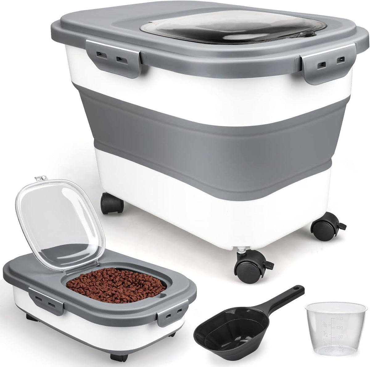 Dog Food Storage Container, 10-20Lbs Collapsible Pet Food Storage Containers with Rolling Wheel Airtight Locking Lid, Dry Food Storage Bin with Cup and Scoop,Suitable for Pet Food, Flour, Rice