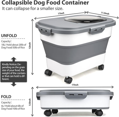 Dog Food Storage Container, 10-20Lbs Collapsible Pet Food Storage Containers with Rolling Wheel Airtight Locking Lid, Dry Food Storage Bin with Cup and Scoop,Suitable for Pet Food, Flour, Rice