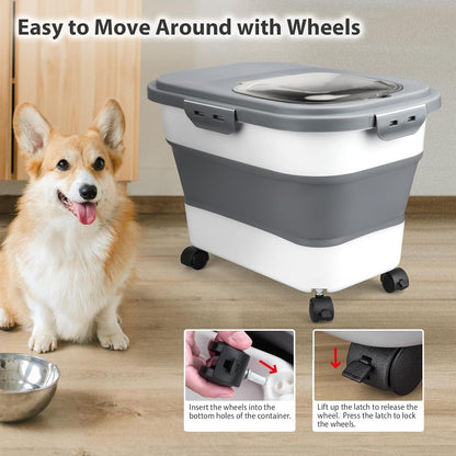 Dog Food Storage Container, 10-20Lbs Collapsible Pet Food Storage Containers with Rolling Wheel Airtight Locking Lid, Dry Food Storage Bin with Cup and Scoop,Suitable for Pet Food, Flour, Rice