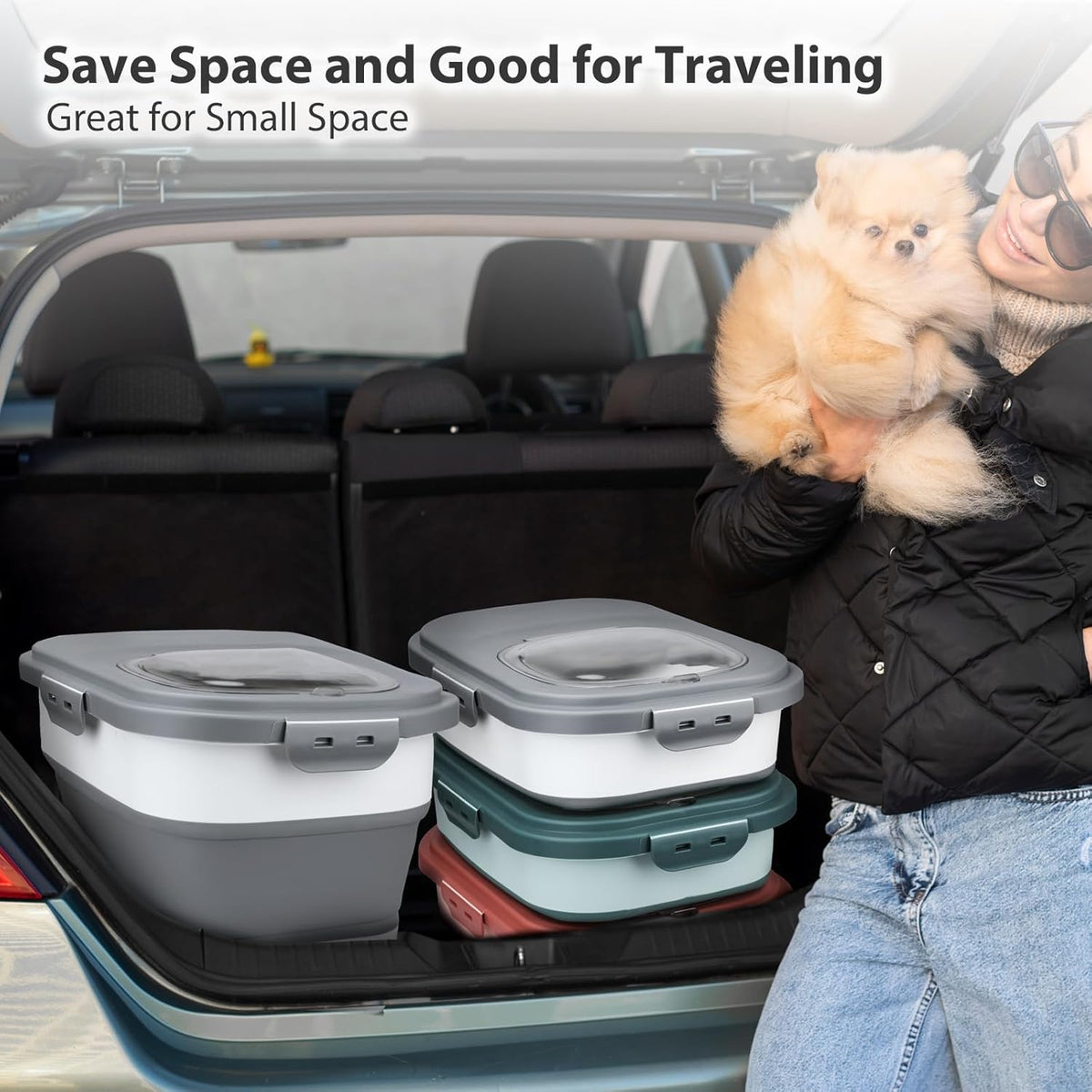 Dog Food Storage Container, 10-20Lbs Collapsible Pet Food Storage Containers with Rolling Wheel Airtight Locking Lid, Dry Food Storage Bin with Cup and Scoop,Suitable for Pet Food, Flour, Rice