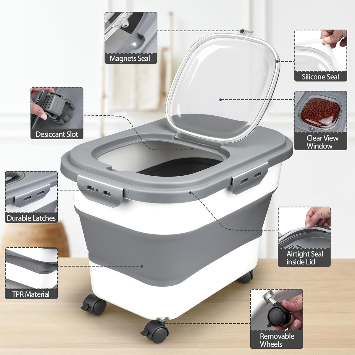 Dog Food Storage Container, 10-20Lbs Collapsible Pet Food Storage Containers with Rolling Wheel Airtight Locking Lid, Dry Food Storage Bin with Cup and Scoop,Suitable for Pet Food, Flour, Rice