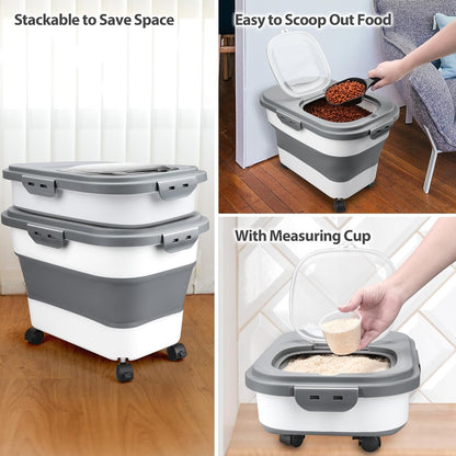 Dog Food Storage Container, 10-20Lbs Collapsible Pet Food Storage Containers with Rolling Wheel Airtight Locking Lid, Dry Food Storage Bin with Cup and Scoop,Suitable for Pet Food, Flour, Rice