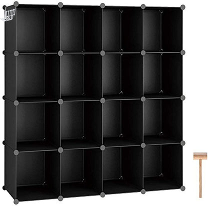 Cube Storage Organizer, 16-Cube Shelves Units, Plastic Storage Cubes, DIY Closet Organizer, Modular Closet Storage Shelves Ideal for Home, Bedroom, 48.4" L × 12.4" W × 48.4" H Black SUM3016H
