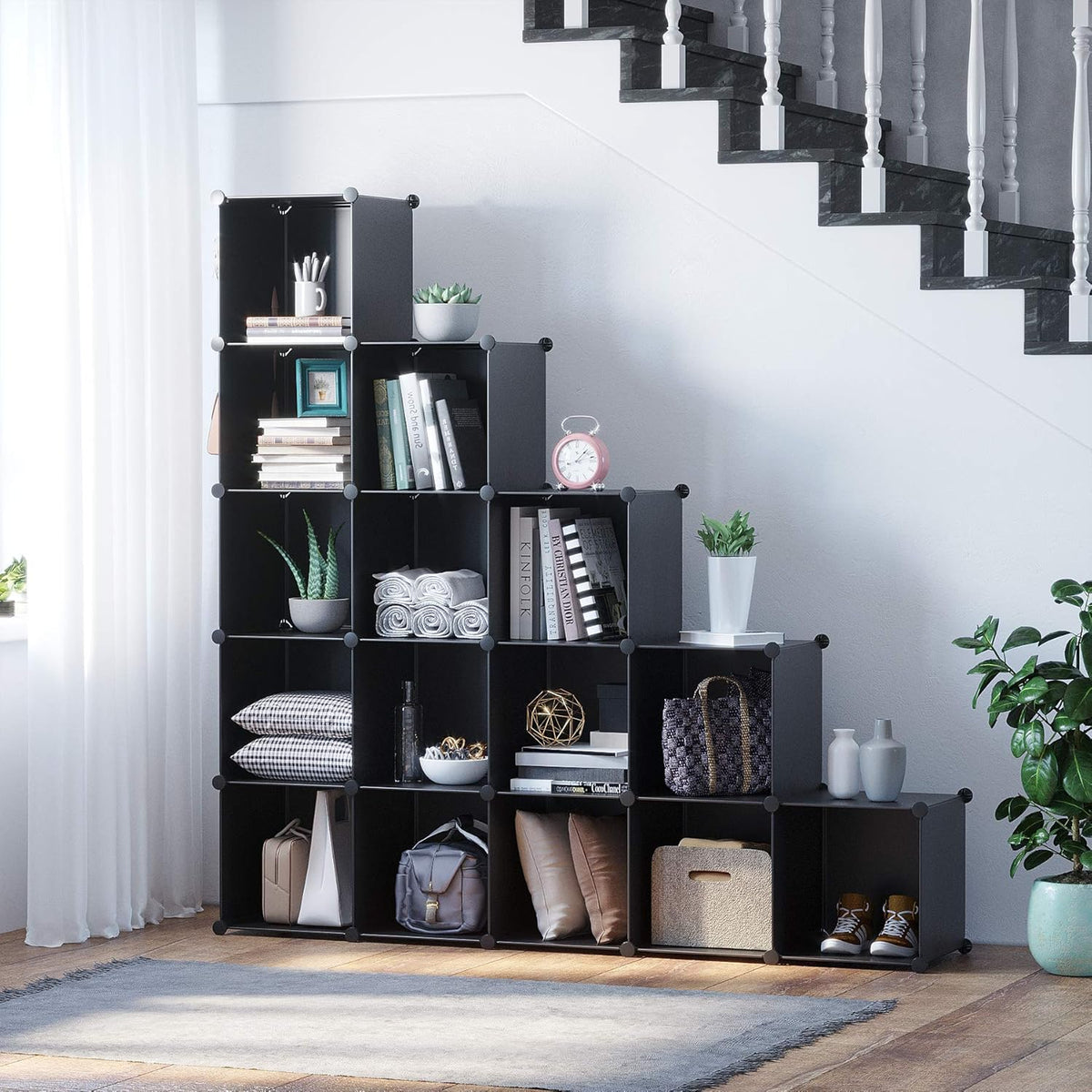 Cube Storage Organizer, 16-Cube Shelves Units, Plastic Storage Cubes, DIY Closet Organizer, Modular Closet Storage Shelves Ideal for Home, Bedroom, 48.4" L × 12.4" W × 48.4" H Black SUM3016H