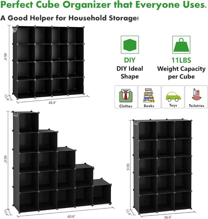 Cube Storage Organizer, 16-Cube Shelves Units, Plastic Storage Cubes, DIY Closet Organizer, Modular Closet Storage Shelves Ideal for Home, Bedroom, 48.4" L × 12.4" W × 48.4" H Black SUM3016H