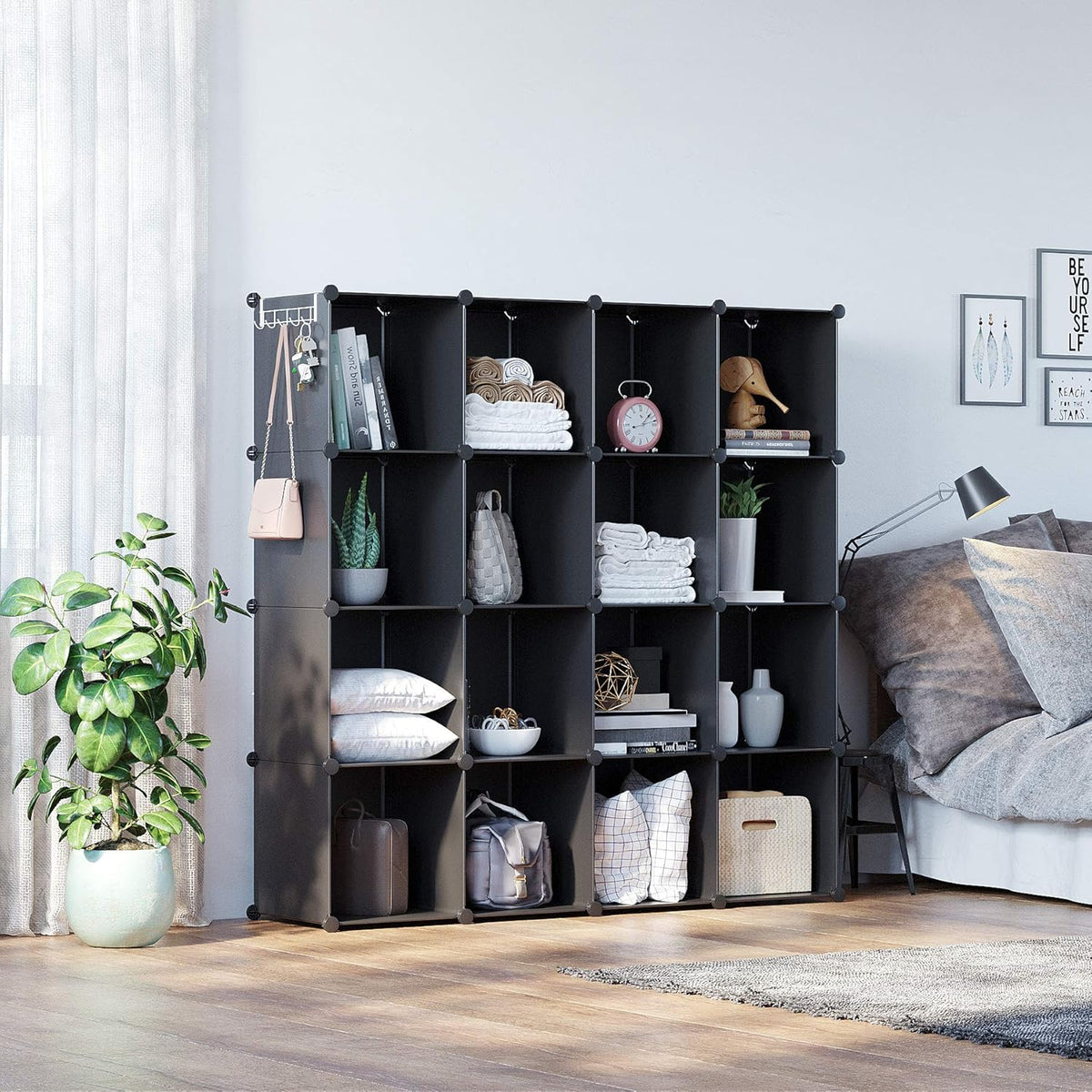 Cube Storage Organizer, 16-Cube Shelves Units, Plastic Storage Cubes, DIY Closet Organizer, Modular Closet Storage Shelves Ideal for Home, Bedroom, 48.4" L × 12.4" W × 48.4" H Black SUM3016H