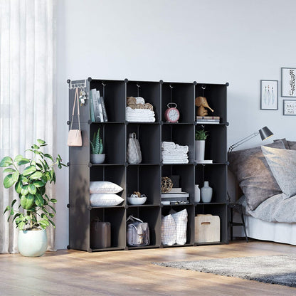 Cube Storage Organizer, 16-Cube Shelves Units, Plastic Storage Cubes, DIY Closet Organizer, Modular Closet Storage Shelves Ideal for Home, Bedroom, 48.4" L × 12.4" W × 48.4" H Black SUM3016H