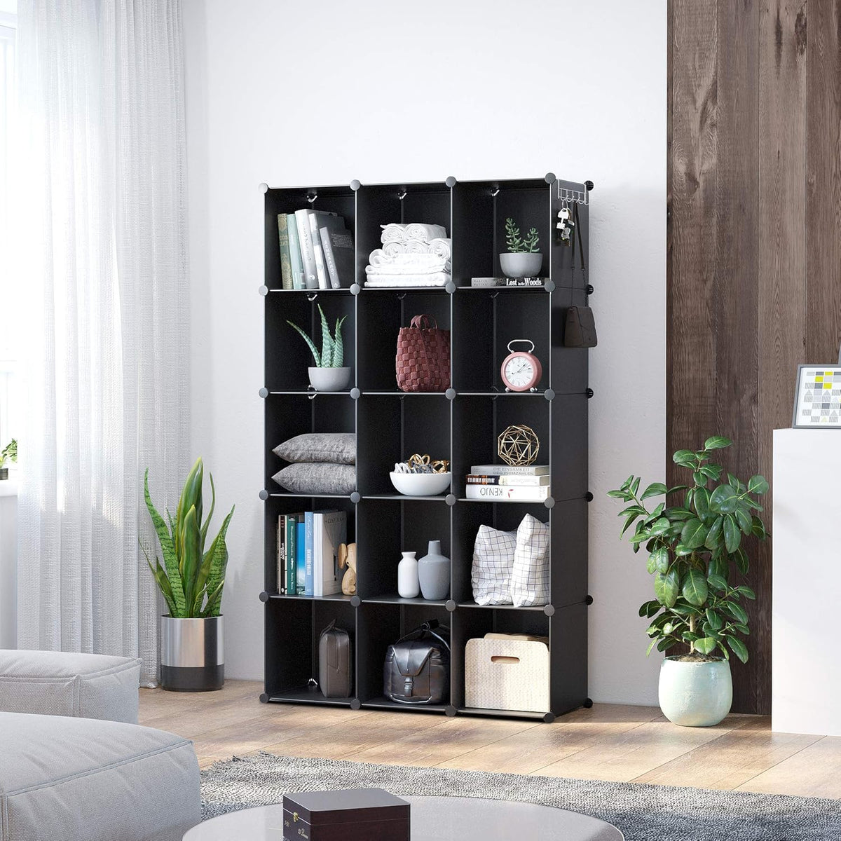 Cube Storage Organizer, 16-Cube Shelves Units, Plastic Storage Cubes, DIY Closet Organizer, Modular Closet Storage Shelves Ideal for Home, Bedroom, 48.4" L × 12.4" W × 48.4" H Black SUM3016H