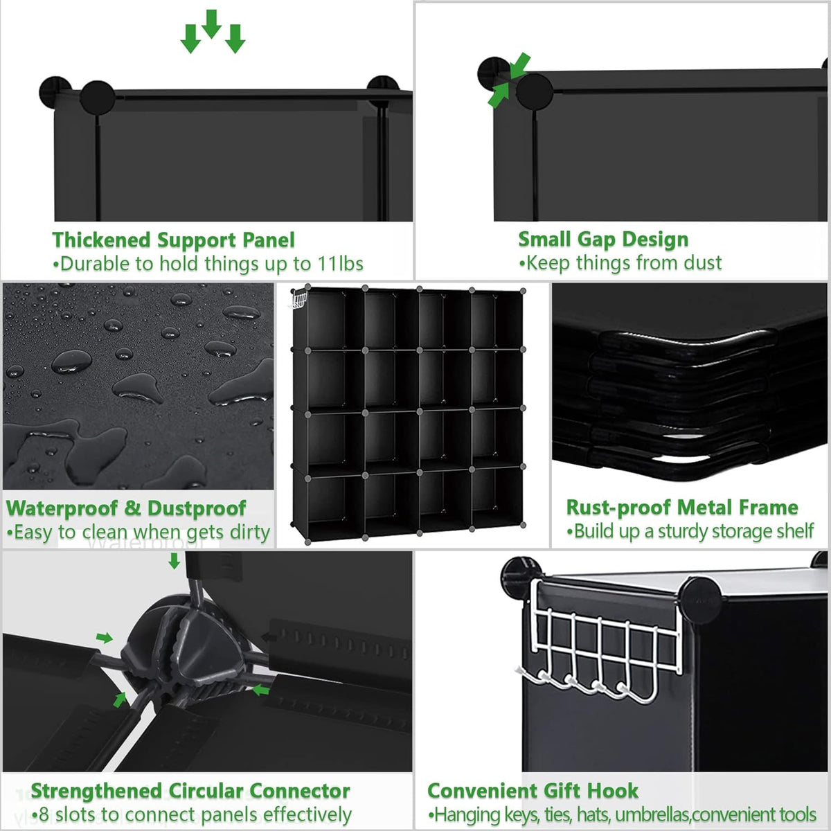 Cube Storage Organizer, 16-Cube Shelves Units, Plastic Storage Cubes, DIY Closet Organizer, Modular Closet Storage Shelves Ideal for Home, Bedroom, 48.4" L × 12.4" W × 48.4" H Black SUM3016H