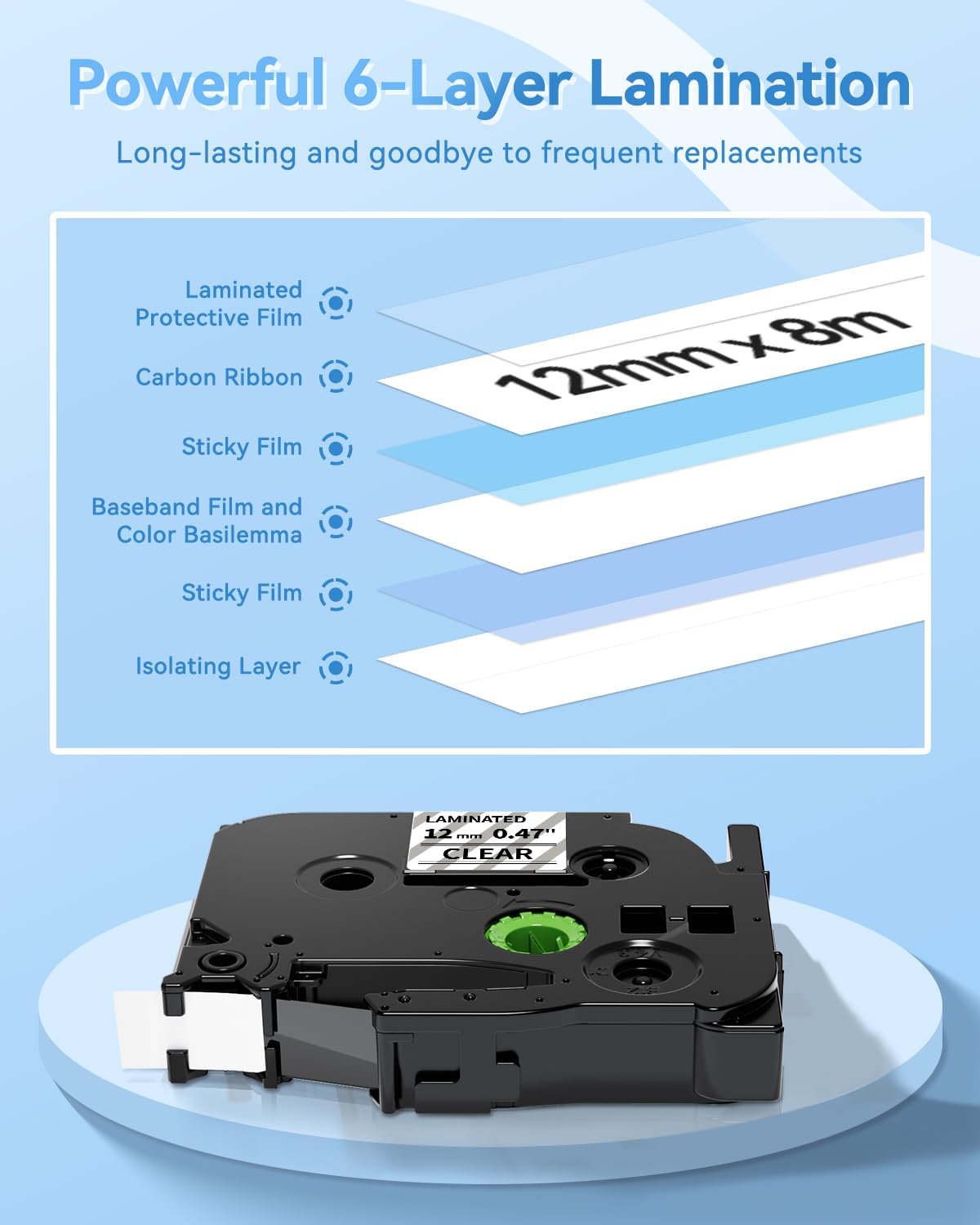 Label Maker Tape Refill Replacement for Brother TZe-231 TZe231 12mm 0.47 | Laminted P Touch TZe TZ Label Tape for Brother PT-D220 D210 H110 D410 D610BT, 12mm x 8m, Black on White, 6-Pack