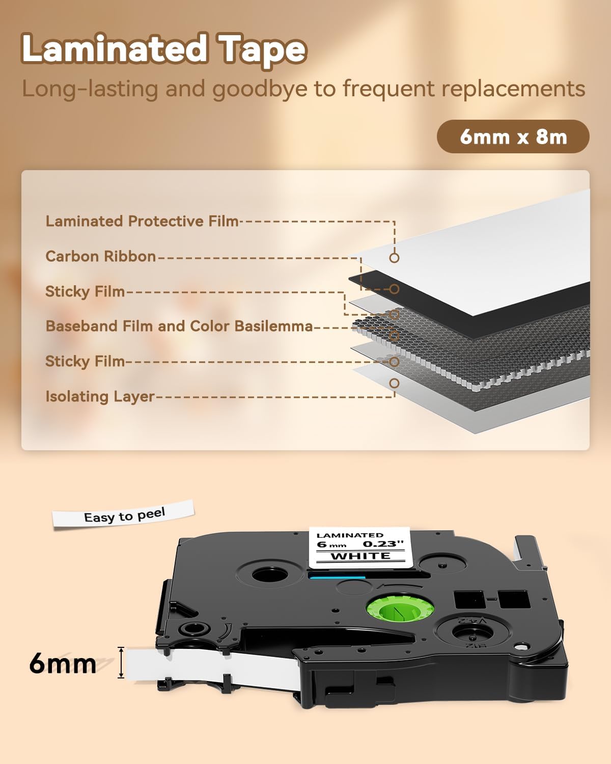 Label Maker Tape Refill Replacement for Brother TZe-231 TZe231 12mm 0.47 | Laminted P Touch TZe TZ Label Tape for Brother PT-D220 D210 H110 D410 D610BT, 12mm x 8m, Black on White, 6-Pack