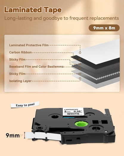 Label Maker Tape Refill Replacement for Brother TZe-231 TZe231 12mm 0.47 | Laminted P Touch TZe TZ Label Tape for Brother PT-D220 D210 H110 D410 D610BT, 12mm x 8m, Black on White, 6-Pack