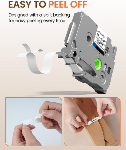 Label Maker Tape Refill Replacement for Brother TZe-231 TZe231 12mm 0.47 | Laminted P Touch TZe TZ Label Tape for Brother PT-D220 D210 H110 D410 D610BT, 12mm x 8m, Black on White, 6-Pack