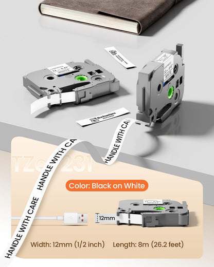 Label Maker Tape Refill Replacement for Brother TZe-231 TZe231 12mm 0.47 | Laminted P Touch TZe TZ Label Tape for Brother PT-D220 D210 H110 D410 D610BT, 12mm x 8m, Black on White, 6-Pack