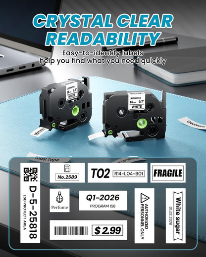 Label Maker Tape Refill Replacement for Brother TZe-231 TZe231 12mm 0.47 | Laminted P Touch TZe TZ Label Tape for Brother PT-D220 D210 H110 D410 D610BT, 12mm x 8m, Black on White, 6-Pack