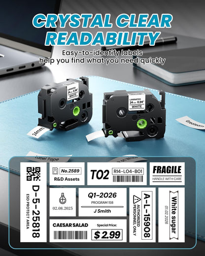 Label Maker Tape Refill Replacement for Brother TZe-231 TZe231 12mm 0.47 | Laminted P Touch TZe TZ Label Tape for Brother PT-D220 D210 H110 D410 D610BT, 12mm x 8m, Black on White, 6-Pack