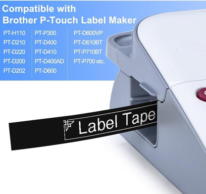 Label Maker Tape Refill Replacement for Brother TZe-231 TZe231 12mm 0.47 | Laminted P Touch TZe TZ Label Tape for Brother PT-D220 D210 H110 D410 D610BT, 12mm x 8m, Black on White, 6-Pack
