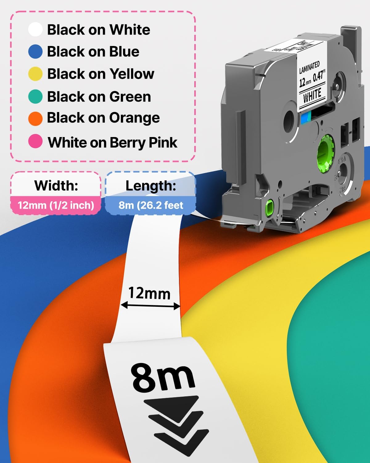 Label Maker Tape Refill Replacement for Brother TZe-231 TZe231 12mm 0.47 | Laminted P Touch TZe TZ Label Tape for Brother PT-D220 D210 H110 D410 D610BT, 12mm x 8m, Black on White, 6-Pack