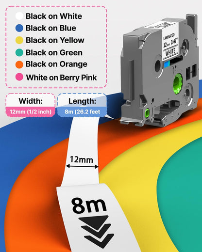 Label Maker Tape Refill Replacement for Brother TZe-231 TZe231 12mm 0.47 | Laminted P Touch TZe TZ Label Tape for Brother PT-D220 D210 H110 D410 D610BT, 12mm x 8m, Black on White, 6-Pack