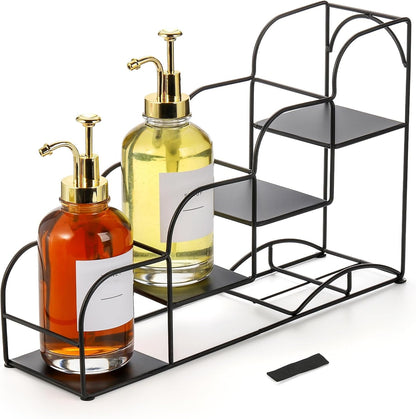 4-Tier Syrup Bottle Holder, Iron 4 Compartment Bottle Organizer Rack, 16" Countertop Display Storage Shelf Bottle Stand, Metal Coffee Bar Organizer for Dressing, Wine, Juice, Kitchen, Black
