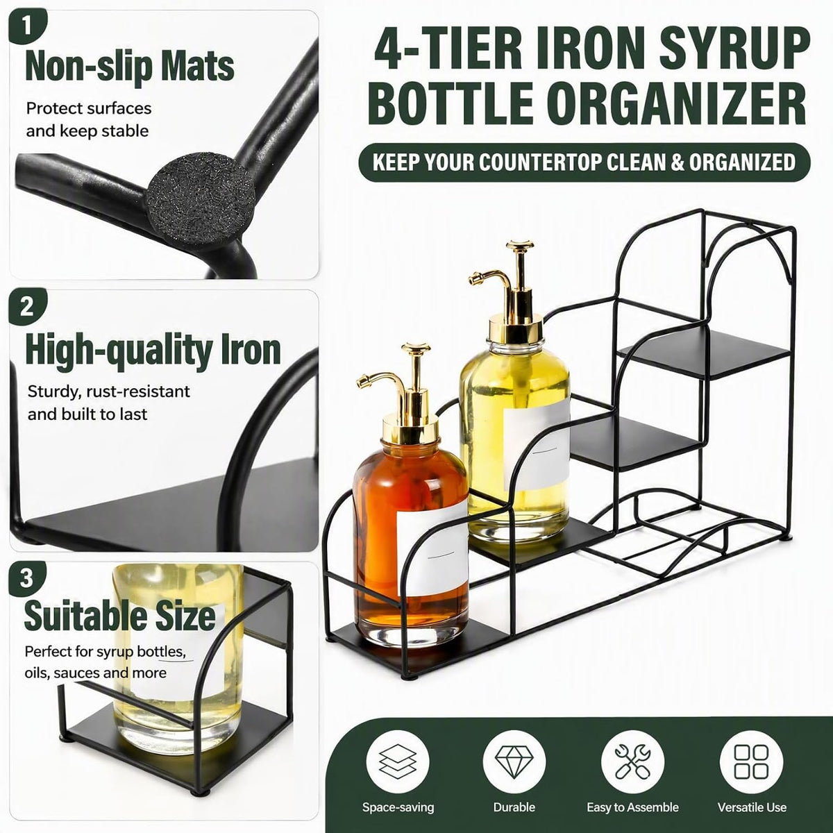 4-Tier Syrup Bottle Holder, Iron 4 Compartment Bottle Organizer Rack, 16" Countertop Display Storage Shelf Bottle Stand, Metal Coffee Bar Organizer for Dressing, Wine, Juice, Kitchen, Black