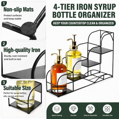 4-Tier Syrup Bottle Holder, Iron 4 Compartment Bottle Organizer Rack, 16" Countertop Display Storage Shelf Bottle Stand, Metal Coffee Bar Organizer for Dressing, Wine, Juice, Kitchen, Black